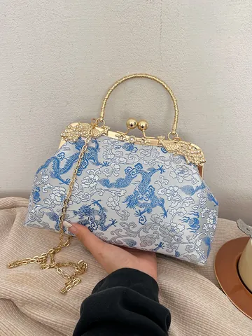 Vintage Chinese Style Dragon Embroidery Evening Bag Satin Jacquard Metal Handle Rhinestone Clutch For Wedding Party Women