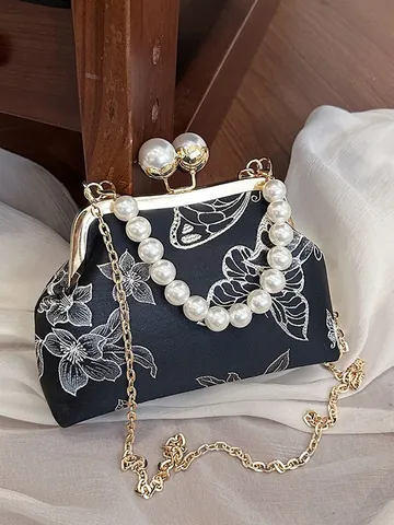 Nuevo Bolso de Concha Bordado de Estilo Chino para Mujer Patrón de Mariposa y Flores Vintage Asa de Perlas Cadena Dorada Bolso de Noche Bandolera