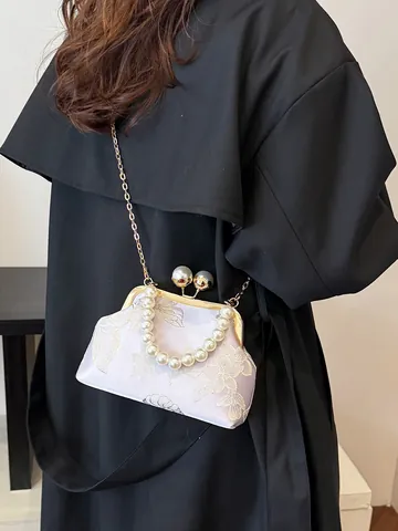 Nuevo Bolso de Concha Bordado de Estilo Chino para Mujer Patrón de Mariposa y Flores Vintage Asa de Perlas Cadena Dorada Bolso de Noche Bandolera