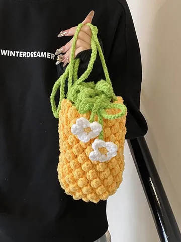 Handmade Crochet Pineapple Crossbody Bag For Kids Women Cute Knitted Mini Drawstring Bucket Bag Fruit Shaped Accessory