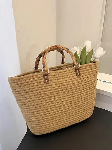 French Retro Woven Tote Bag With Bamboo Handle Large Capacity Straw Cotton Rope Beach Vacation Handbag For Women
