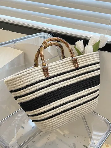 French Retro Woven Tote Bag With Bamboo Handle Large Capacity Straw Cotton Rope Beach Vacation Handbag For Women