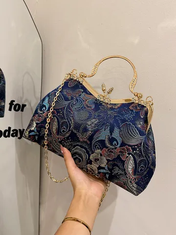Vintage Chinese Style Brocade Evening Bag Embroidery Shell Handbag With Metal Chain Rhinestone Butterfly Lock Luxury Clutch