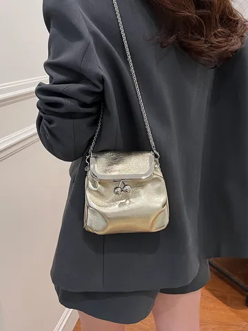 Borsa a Secchiello Mini in Pelle PU Metallica Vintage da Donna Tracolla a Catena Portafoglio Per Telefono Con Chiusura a Sfera Oro Argento Nero