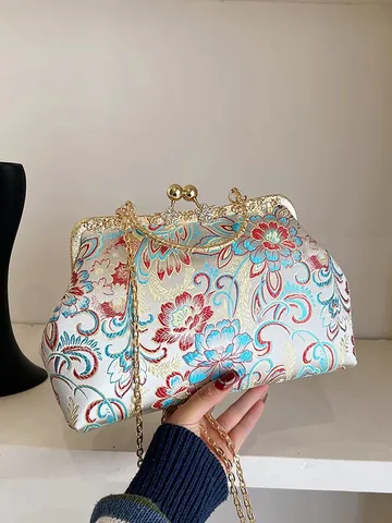 Sac à Main Broderie Florale Style Chinois Vintage Satin Fermoir Baiser Sac de Soirée Avec Bandoulière Chaîne pour Mariage Femme