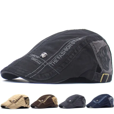 Gorra Plana Vintage de Algodón para Hombre Con Insignia de Calavera de Metal Bordado Patchwork Boina Ajustable Exterior