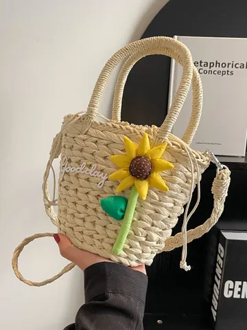 Women Straw Woven Bucket Bag Sunflower Decor Goodday Embroidery Drawstring Handheld Crossbody Beach Vacation Style Summer Handbag