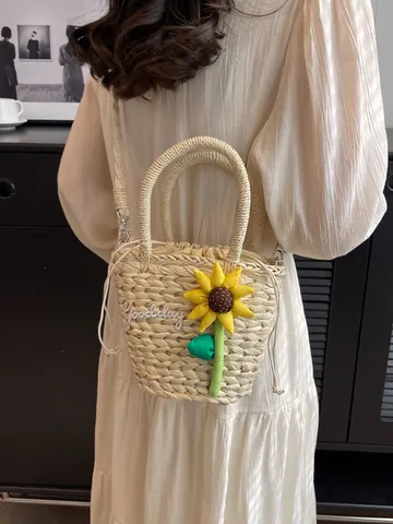 Women Straw Woven Bucket Bag Sunflower Decor Goodday Embroidery Drawstring Handheld Crossbody Beach Vacation Style Summer Handbag