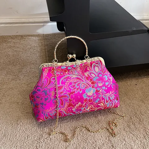 Floral Embroidery Evening Bag Satin Brocade Metal Ring Handle Clutch With Detachable Chain Strap Chinese Style For Women