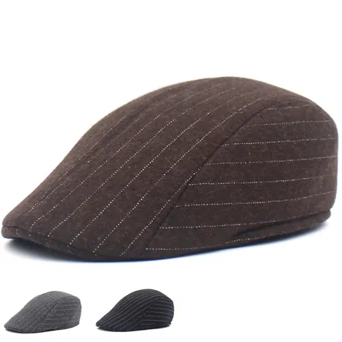 Gorra Plana Vintage para Hombre a Rayas Invierno Cálido Algodón Boina Newsboy Estilo Británico Retro Ajustable Ivy Cap