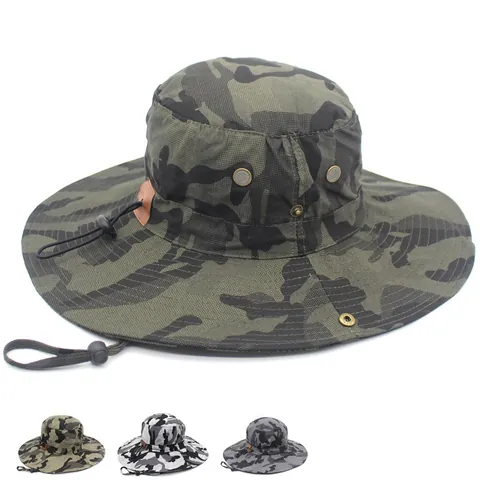 Camouflage Boonie Hat Cotton Wide Brim Outdoor Fishing Hat With Adjustable Wind Cord Breathable Holes For Men Women Camping