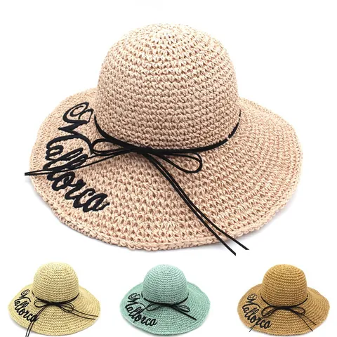 Chapeau de Soleil en Paille de Raphia pour Femmes Protection Solaire Extérieure Large Bord Mode Broderie de Lettres Mallorca Chapeau de Plage
