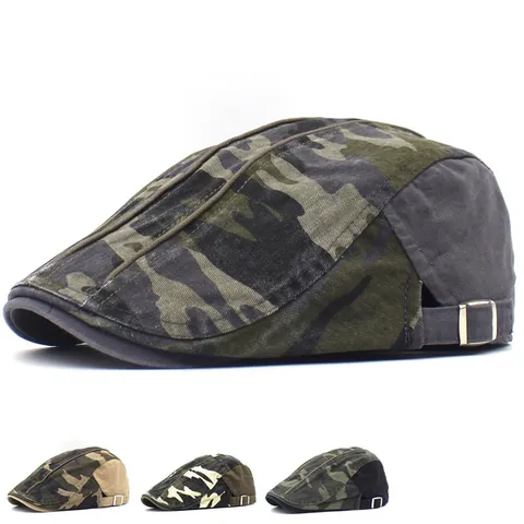 Men's Vintage Camouflage Flat Cap Washed Cotton Beret Adjustable Outdoor Sunshade Hunting Driving Ivy Hat For Travel Casual