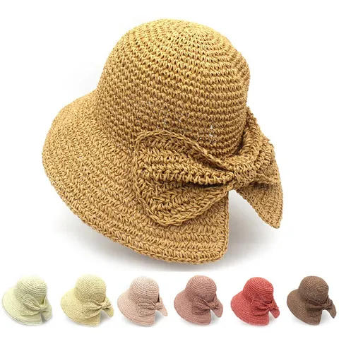 Chapeau de Soleil en Paille de Raphia Élégant pour Femme Avec Grand Nœud Papillon Large Bord Protection Solaire Plage Été Vacances