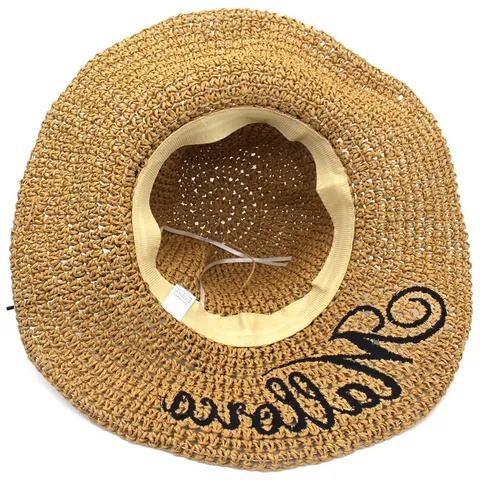 Chapeau de Soleil en Paille de Raphia pour Femmes Protection Solaire Extérieure Large Bord Mode Broderie de Lettres Mallorca Chapeau de Plage