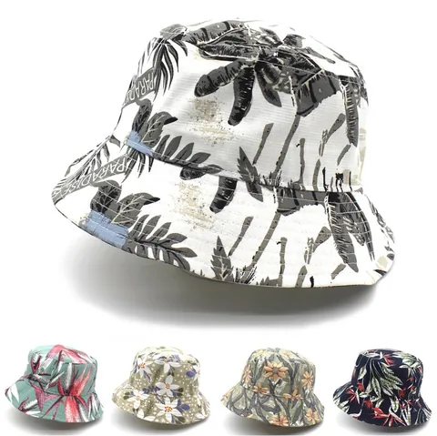 Women Floral Print Cotton Bucket Hat Summer Beach Sun Protection Tropical Leaf Pattern Outdoor Travel Ethnic Style Cap