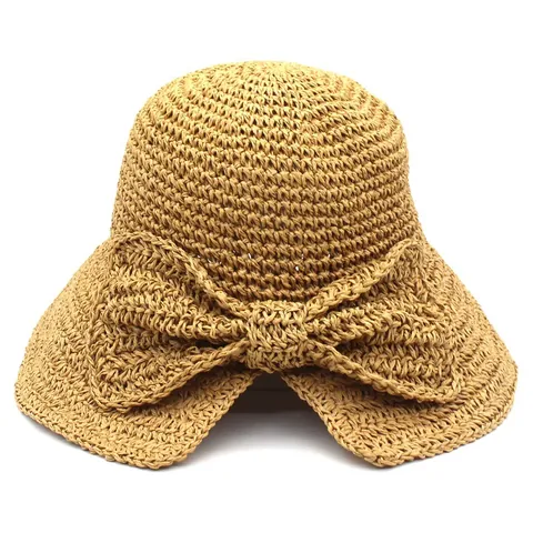 Chapeau de Soleil en Paille de Raphia Élégant pour Femme Avec Grand Nœud Papillon Large Bord Protection Solaire Plage Été Vacances