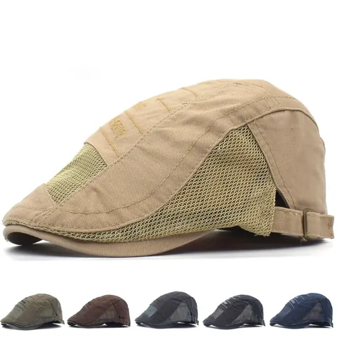 Men Summer Breathable Mesh Beret Flat Cap Vintage Cotton Adjustable Sun Hat Outdoor Fashion Letter Embroidery Newsboy Hat