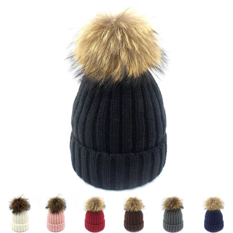 Berretto Invernale Caldo In Maglia Per Donna Bambini Con Pompon In Pelliccia Di Procione A Righe Casual Outdoor Skull Cap