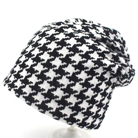 Women Houndstooth Slouchy Beanie Hat Imitation Cashmere Soft Warm Winter Skull Cap Neck Warmer Scarf Dual Use Headwear