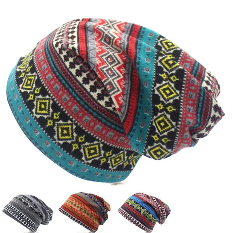 Women's Ethnic Geometric Pattern Faux Cashmere Beanie Neck Warmer Dual-Use Autumn Winter Warm Pullover Hat Bohemian Style Accessories