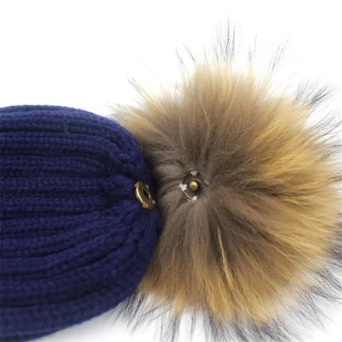 Berretto Invernale Caldo In Maglia Per Donna Bambini Con Pompon In Pelliccia Di Procione A Righe Casual Outdoor Skull Cap