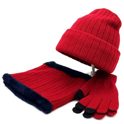 Unisex Winter Ribbed Knit Hat Scarf And Gloves Combination Fleece Lined Warm Beanie Touchscreen Gloves Neck Warmer