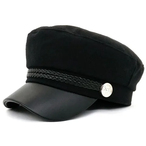 Damen Vintage Schwarz Baker Boy Mütze Mit Lederkrempe Flache Oberseite Marine Beret Newsboy Cap Für Herbst Winter Lässig
