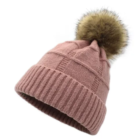 Women's Winter Warm Acrylic Knitted Beanie Hat With Faux Fur Pom Pom Solid Color Ribbed Cuff Thermal Pullover Skull Cap