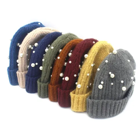 Women Autumn Winter Warm Knit Beanie Hat With Artificial Pearl Fashion Solid Color Ribbed Soft Elastic Skull Cap Outdoor Hat