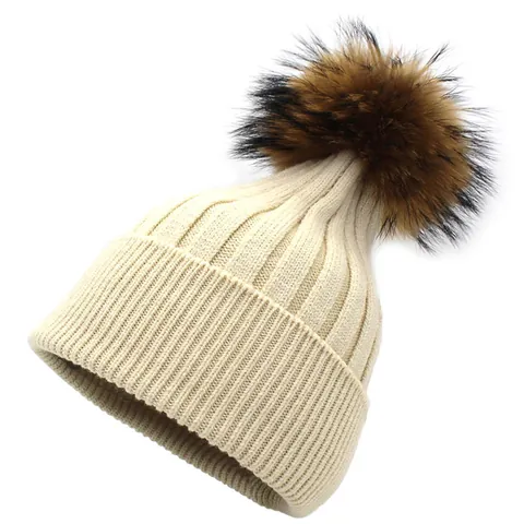 Women Warm Knit Beanie Hat With Fur Pom-Pom Winter Ribbed Rabbit Hair Blend Outdoor Fashion Skull Cap For Ladies