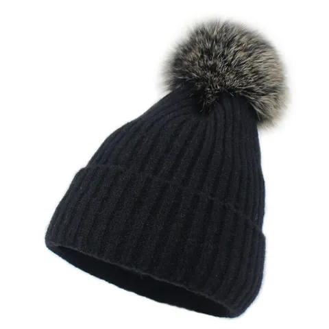 Berretto da Donna Invernale in Maglia Ispessita Con Pompon in Vera Pelliccia di Volpe Foderato in Pile Caldo per Outdoor