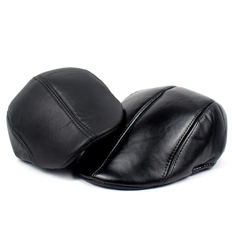 Men Vintage PU Leather Beret Hat Newsboy Ivy Flat Cap Winter Warm Outdoor Casual Fashion Headwear Matte Shiny Black Accessory
