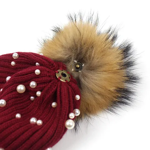 Women's Knitted Beanie Hat With Real Raccoon Fur Pompom Wool Acrylic Blend Winter Warm Ribbed Artificial Pearl Embellished Solid Color Fashion Headwear