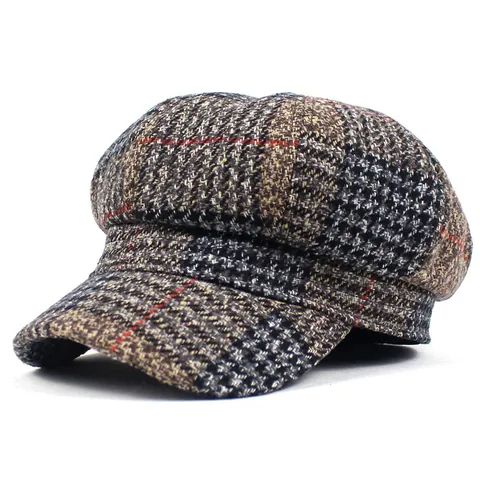 Vintage Plaid British Style Newsboy Cap For Women Cotton Octagonal Painter Hat Autumn Winter Warm Versatile Beret Hat