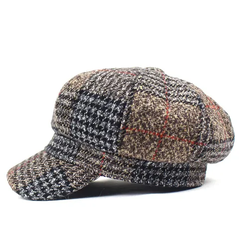Vintage Plaid British Style Newsboy Cap For Women Cotton Octagonal Painter Hat Autumn Winter Warm Versatile Beret Hat