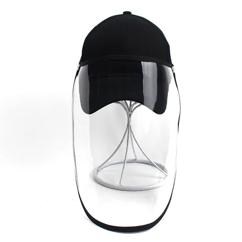Adjustable Black Cotton Baseball Cap With Detachable Transparent Anti-Droplet Face Shield For Outdoor Protective Use