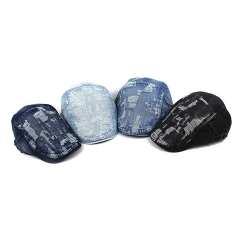 Vintage Gewaschene Denim Baskenmütze Distressed Ripped Schiebermütze Verstellbar Ivy Flat Cap Für Damen Herren Street Hut
