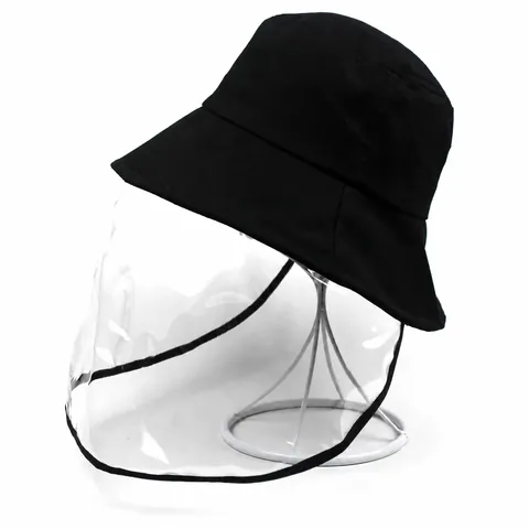 Protective Black Cotton Fisherman Hat With Removable Transparent PVC Face Shield Anti-Droplet Anti-Dust Bucket Hat For Women Men