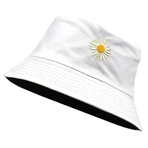 Daisy Flower Embroidery Reversible Bucket Hat Sun Protection Cotton Fisherman Hat For Women Men Kids Outdoor Summer Cap
