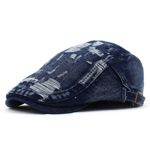 Vintage Gewaschene Denim Baskenmütze Distressed Ripped Schiebermütze Verstellbar Ivy Flat Cap Für Damen Herren Street Hut