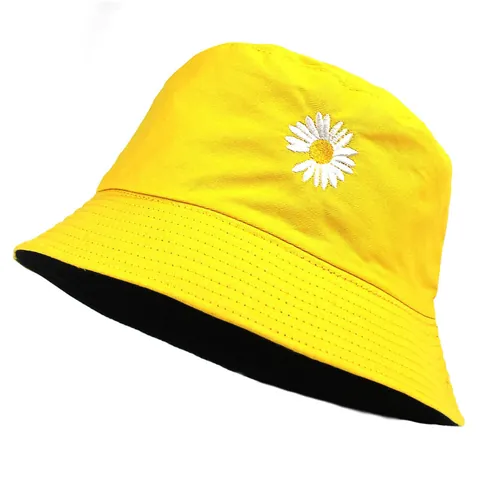 Daisy Flower Embroidery Reversible Bucket Hat Sun Protection Cotton Fisherman Hat For Women Men Kids Outdoor Summer Cap