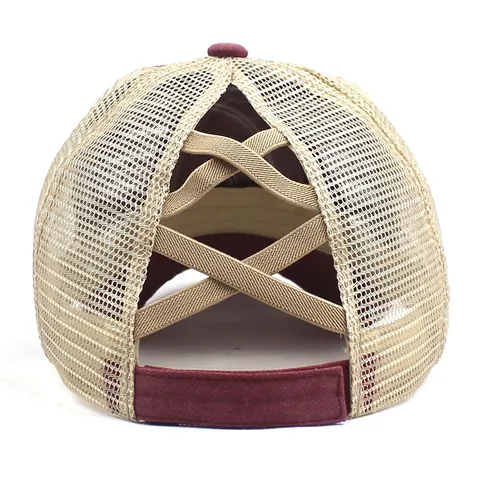Damen Pferdeschwanz Baseball Kappe Mesh Atmungsaktiv Gewaschene Baumwolle Cross Back Trucker Hut Vintage High Bun Peak Cap Für Outdoor Sport
