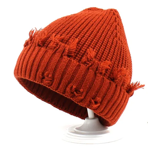 Distressed Wool Knit Beanie Hat For Women Ripped Design Fringed Warm Winter Cold Hat Street Style Ribbed Knit Skull Cap