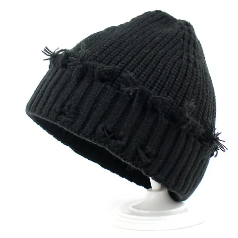 Distressed Wool Knit Beanie Hat For Women Ripped Design Fringed Warm Winter Cold Hat Street Style Ribbed Knit Skull Cap