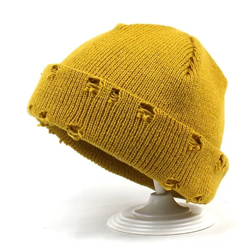 Berretto in Maglia Distressed da Donna in Filato di Lana Caldo Cappello Invernale Tinta Unita Streetwear per Viaggi All'aperto