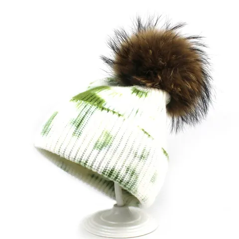 Berretto in Maglia Tie-Dye da Donna Con Grande Pompon in Ecopelliccia Invernale Caldo Misto Lana Morbido Teschio Accessori