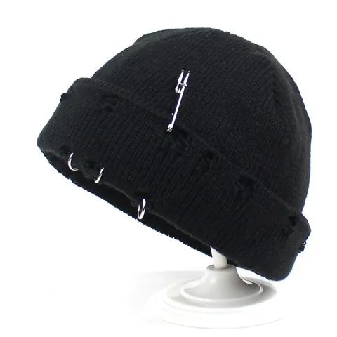 Women Streetwear Knitted Beanie Wool Yarn Winter Warm Distressed Skull Cap With Metal Rings And Large Safety Pin