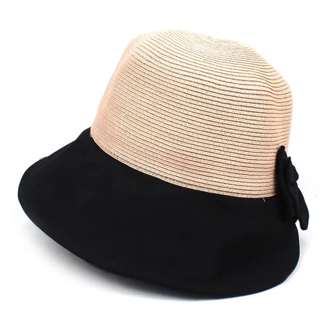 Chapeau de Paille à Bord Large Splicing pour Femmes Protection Solaire Été Chapeau de Plage Avec Nœud Doux Respirant Voyage