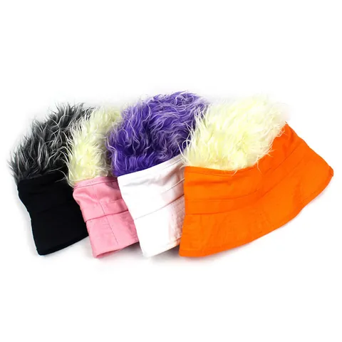 Creative Funny Wig Bucket Hat For Men Women Cotton Solid Color Fishermen Hat With Hair Decoration Streetwear Party Hat